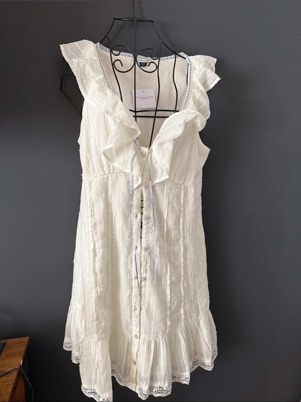 American Eagle Outfitters Cream Ruffle-Trim Button Mini Dress